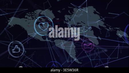 Displaying stylized world map pulsing neon lines in dark dashboard, with heart thumbs-up mail icons Stock Photo