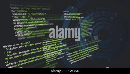 Displaying layered programming code and circular HUD graphic in digital workspace, with neon syntax Stock Photo