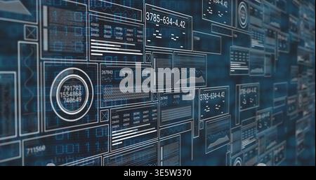 Displaying dense layered data wall in virtual dashboard, showing translucent panels, charts, gauges Stock Photo