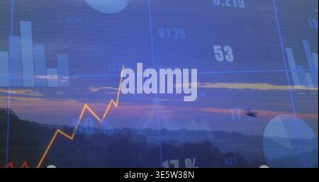 Displaying finance overlay across valley at sunset, showing grid, orange spike, labels June July Stock Photo