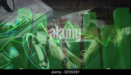 Using tablet, woman wearing AR headset and striped-cuff jacket in car cabin, green overlays Stock Photo