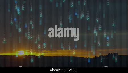 Falling digital rain veiling dusk sky over dark ridge, showing sun left, binary digits cyan pixels Stock Photo