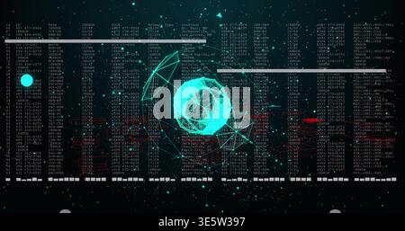 Glowing central teal wireframe sphere rotating and pulsing in virtual space, with data columns Stock Photo