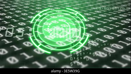Hovering neon green holographic HUD displaying concentric rings on dark grid with binary digits Stock Photo