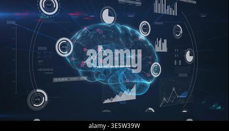 Displaying wireframe brain hologram emitting magenta neural nodes and HUD gauges in dashboard Stock Photo