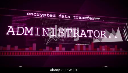Showing glowing ADMINISTRATOR label dominating dashboard, displaying encrypted data, graphs, bars Stock Photo