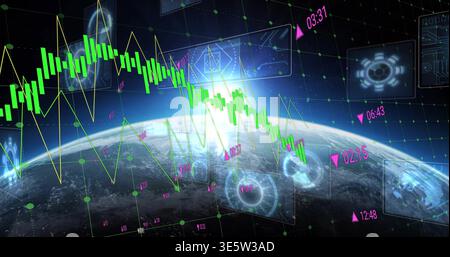 Projecting Earth showing green candlestick, yellow line, magenta markers, HUD in orbit Stock Photo