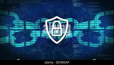 Displaying white shield emblem showing closed padlock protecting data in cyberspace with teal code Stock Photo