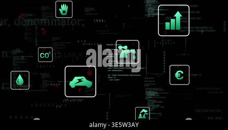 Displaying green electric car icon hovering left on dark UI dashboard, with CO2 water hand euro Stock Photo