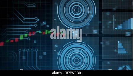 Displaying concentric HUD rings at center on blue grid, candles left, data panels right, globe icon Stock Photo