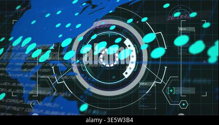 Showing central HUD rotating and scanning on dark grid dashboard, with turquoise pings and left map Stock Photo