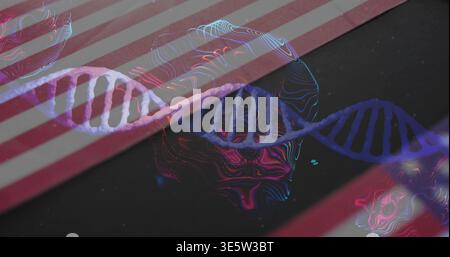 Glowing translucent DNA double helix running over studio, with red-white stripes and neon contours Stock Photo
