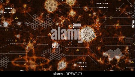 Displaying pale node cluster pulsing at center of dark field, with glowing filaments and hex grids Stock Photo