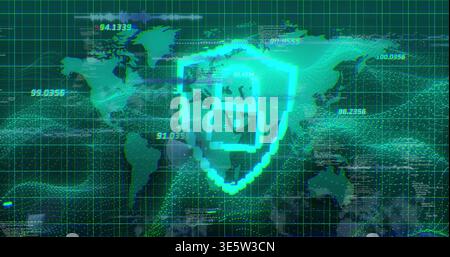 Glowing pixelated shield emblem dominating virtual dashboard, showing world map, grid, data streams Stock Photo