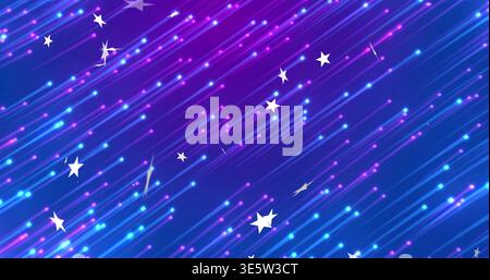 Glowing diagonal neon streaks streaming across digital art canvas, showing white stars and dots Stock Photo