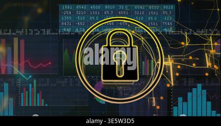 Displaying golden padlock icon glowing on analytics dashboard, showing rings, charts, network Stock Photo