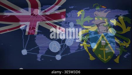 Showing network map with glowing node links on navy backdrop, Union Jack left, crest right Stock Photo
