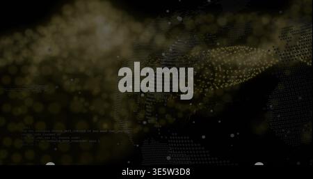 Rotating styled digital globe emitting golden particle and bokeh orbs in virtual network, with code Stock Photo