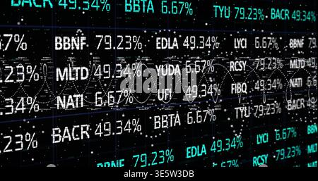 Displaying LED ticker showing tickers and percent on monitor, with dotted matrix and wave overlay Stock Photo
