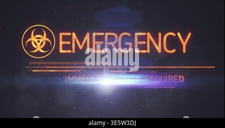 Displaying central emergency alert graphic on dark UI, showing EMERGENCY and glowing biohazard, HUD Stock Photo
