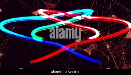 Glowing multicolored neon trails weaving across digital canvas, with golden wireframe and particles Stock Photo