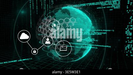 Projecting holographic globe with hexagonal mesh on dark grid, showing connectivity icons and code Stock Photo