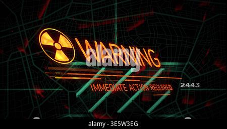 Displaying glowing WARNING label with radiation trefoil on grid, IMMEDIATE ACTION REQUIRED 2443 Stock Photo