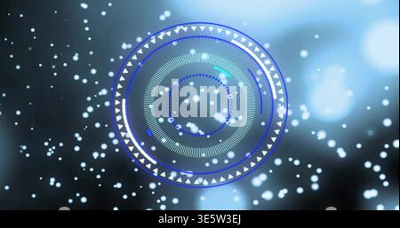Rotating circular HUD glowing over bluish gradient, showing rings, triangle markers, radial ticks Stock Photo