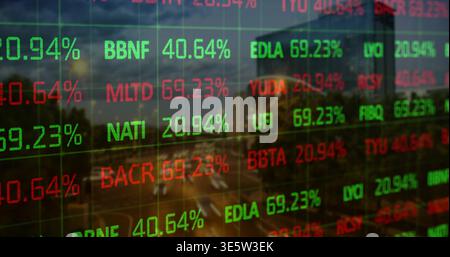 Displaying LED stock ticker showing green or red percent on glass at city street with grid reflectio Stock Photo