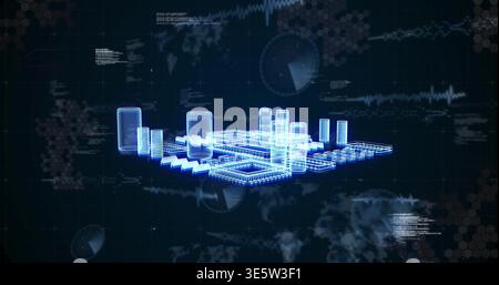 Floating holographic 3D model hovering above dark grid in virtual interface, showing towers, HUD Stock Photo