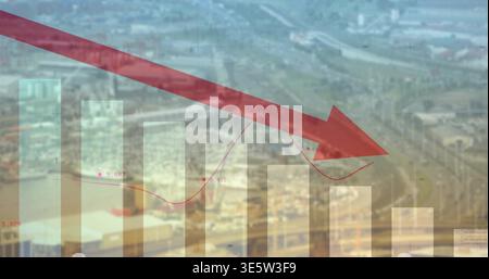 Displaying red downward arrow over aerial industrial city, showing translucent bar chart and trend Stock Photo