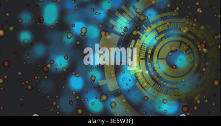 Displaying circular HUD rotating with concentric rings and radial bars on right, with metal spheres Stock Photo