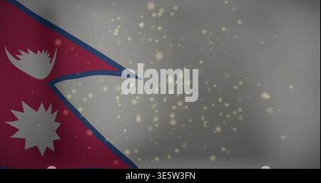 Displaying Nepal national flag waving left edge on studio gray backdrop, golden bokeh, copy space Stock Photo