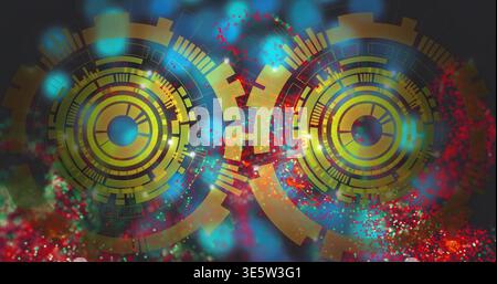 Displaying two gold concentric HUD motifs spinning and glowing in abstract tech scene with sparks Stock Photo