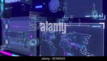 Displaying large world map HUD marking hotspots and live code in control room with holograms, radar Stock Photo