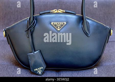 A black leather Prada handbag Stock Photo