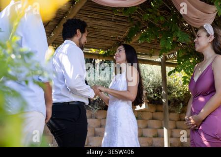 Bride and groom exchanging vows under arbor draping fabric vines holding mauve bridesmaid watching Stock Photo