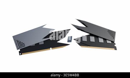 odular 3D Visualization of High-Performance Desktop RAM: Exploded View Showing Heatsink Layers and Memory Chips on a Gold-Pin PCB Stock Photo