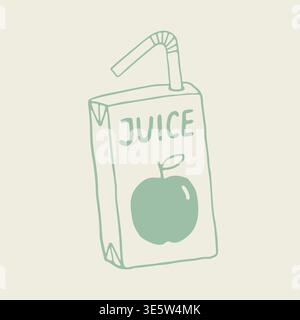 Hand drawn vector of a green apple juice carton box with an attached drinking straw. Clean line art packaging illustration with a simple apple and Stock Vector