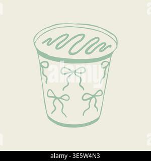 Hand drawn vector of a sweet dessert cup with chocolate drizzle on top and decorative bow patterns. Minimalist line art illustration of a pudding or Stock Vector