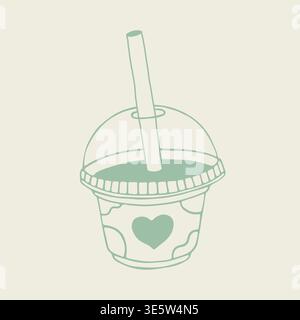 Hand drawn vector of a milkshake in a plastic cup with a dome lid and a big straw. Retro style beverage illustration with a heart symbol and cow print Stock Vector