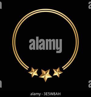 Golden round circle frame adorned with radiant stars. Each star gleams with polished metallic luster. Clean black background enhances elegant simplici Stock Vector