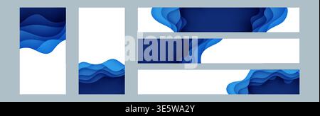 World Ocean day header bundle kit featuring blue and white waves paper cut style. Papercut art banner collection vector illustration. Sea marine life Stock Vector