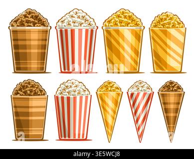 Vector Popcorn Bucket Set, group of 9 cut out illustrations fluffy various flavors popcorn kernels in big mockup buckets, collection of variety triang Stock Vector