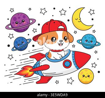 Adorable Puppy Astronaut Flying a Spaceship Rocket Through Outer Space With Planets and Stars Stock Vector