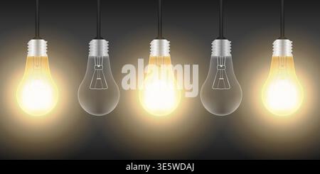 Light Bulbs with Glowing Lamps on Dark Background. Vector Illustration. Stock Vector