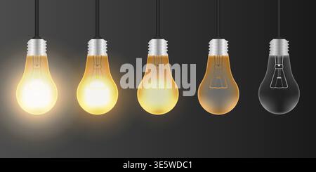 Light Bulbs with Glowing Lamps on Dark Background. Vector Illustration. Stock Vector