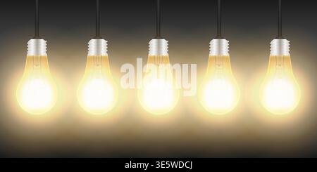 Light Bulbs with Glowing Lamps on Dark Background. Vector Illustration. Stock Vector