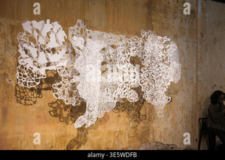 Abstract white cutout adorns weathered, textured wall. Dark stains contrast with delicate lace-like patterns. Person sits nearby, partially in shadow, Stock Photo
