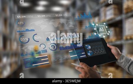AI-powered business analytics dashboard above a tablet in a warehouse, displaying real-time inventory, logistics, supply chain metrics, data visualiza Stock Photo